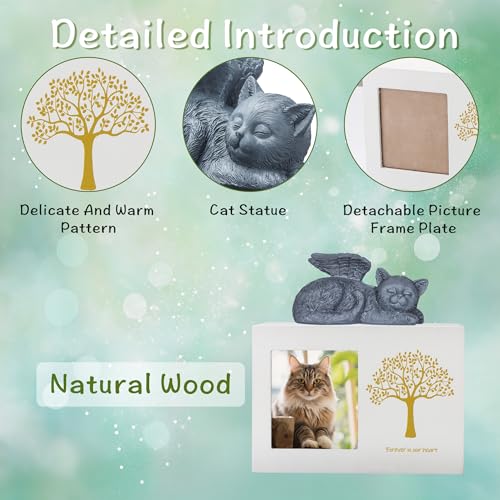DiDiBirDi Cat Urns for Ashes, Tree Pattern Wooden Keepsake with Photo Frame, Pet Urn Memory Box with Resin Animal Statue and Sealed Storage Bags (75lbs)（White） - Image 2