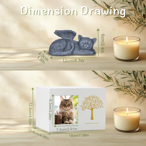 DiDiBirDi Cat Urns for Ashes, Tree Pattern Wooden Keepsake with Photo Frame, Pet Urn Memory Box with Resin Animal Statue and Sealed Storage Bags (75lbs)（White） - Image 3