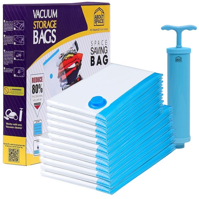 POLYETHYLENE 12 PACK VACUUM BAGS FOR TRAVEL WITH HAND PUMP 6 JUMBO6 LARGE AIRTIGHT REUSABLE SPACE SAVER COMPRESSION STORAGE BAGS FOR PACKING PPBLUE