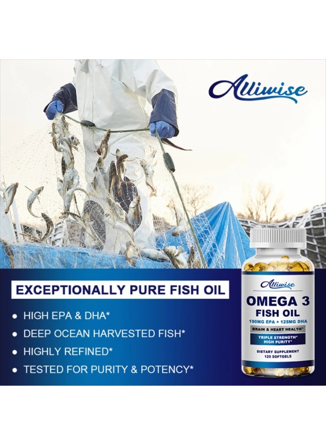 ألي وايز أوميغا 3 زيت السمك – 120 كبسولة طرية – تركيبة قوية تحتوي على 190 مجم EPA و125 مجم DHA – لدعم صحة القلب والدماغ والمفاصل – نقاء عالٍ بدون طعم السمك - Image 4