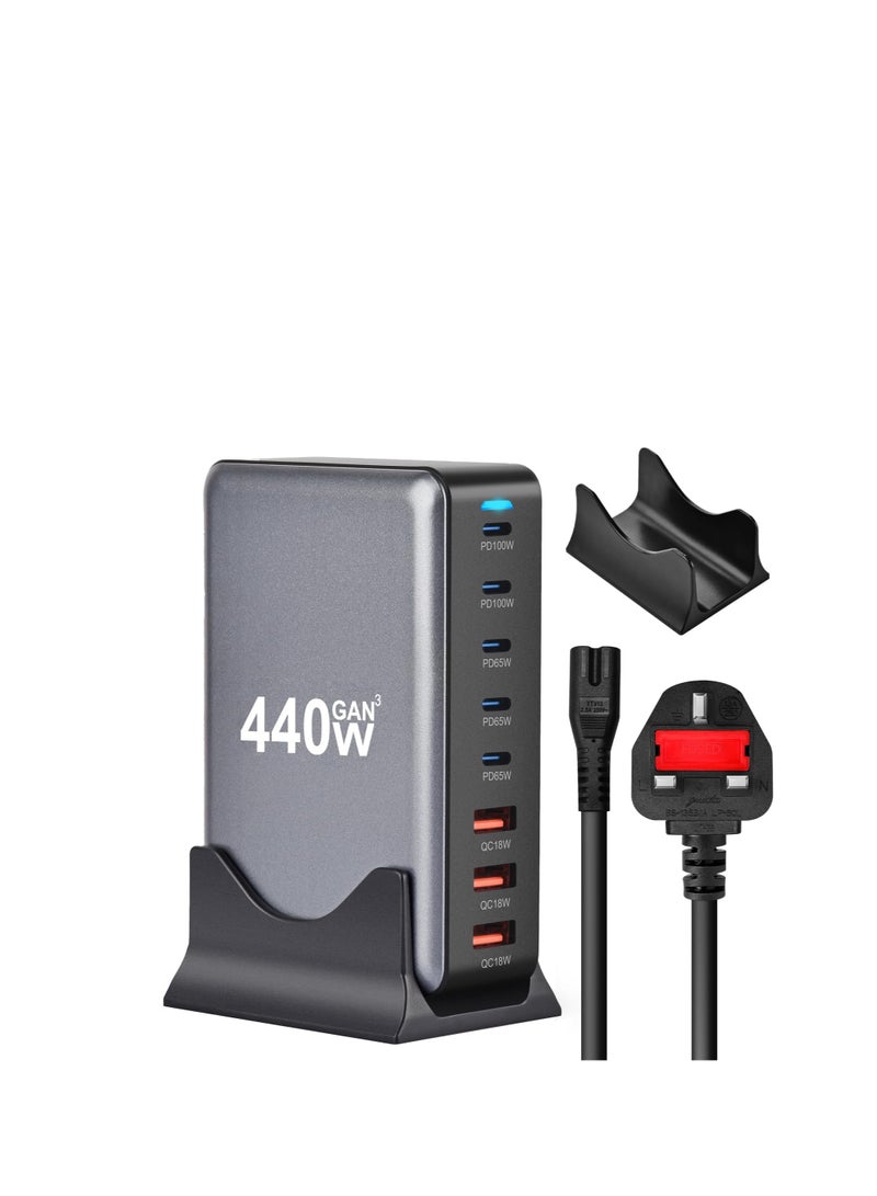 Haing 440W USB A&USB C charging station,5 Type-C Ports 【2×100W, 3x 65W】 and 3 USB Ports 【QC18W】 charge charging station C-type hub,GaN Technology,Fast Charge Wall Plug with 1.5m Power Cord Black - Image 1