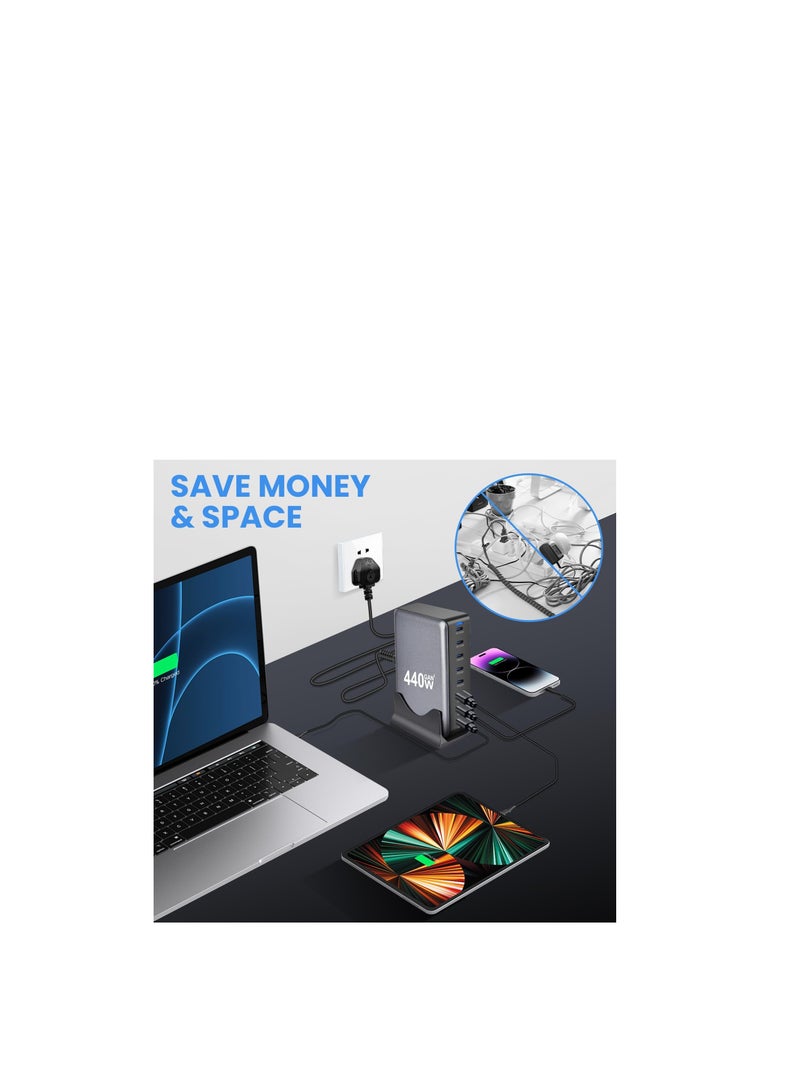 Haing 440W USB A&USB C charging station,5 Type-C Ports 【2×100W, 3x 65W】 and 3 USB Ports 【QC18W】 charge charging station C-type hub,GaN Technology,Fast Charge Wall Plug with 1.5m Power Cord Black - Image 5