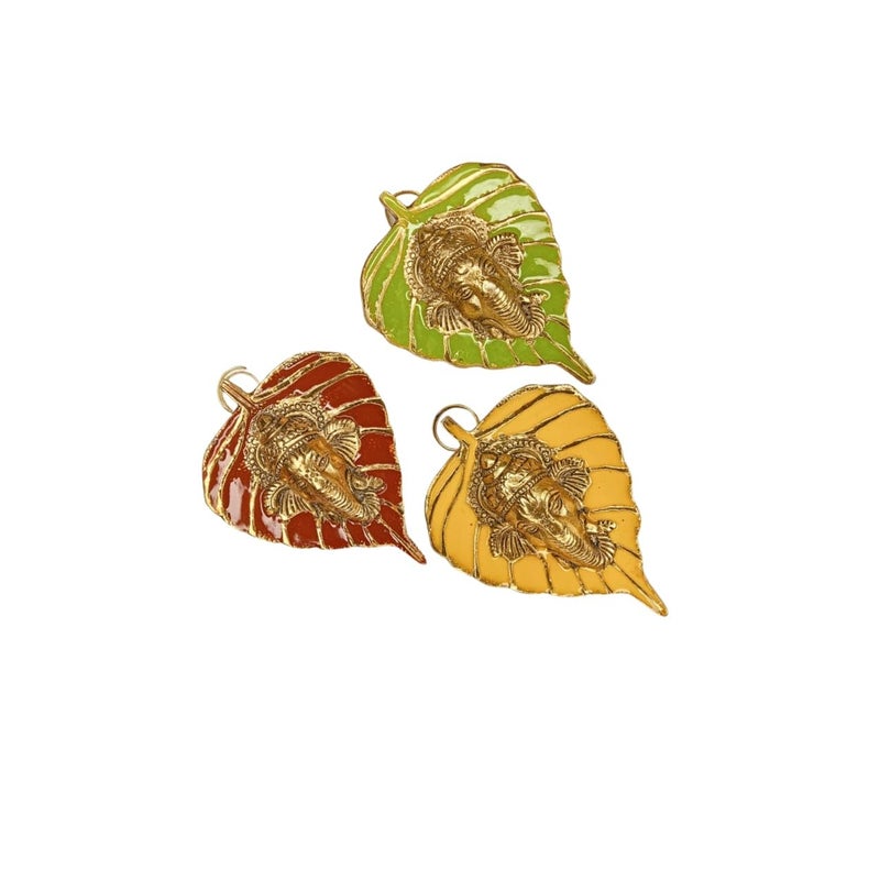 Velbliss Velbliss Metal Ganesha Idol on Leaf Ganesha Idol Wall Hanging Decor Return Gift for Women Diwali Dcor Item Gift for Ganesh Chaturthi House Warming Pack of 3 13cm  - Image 1