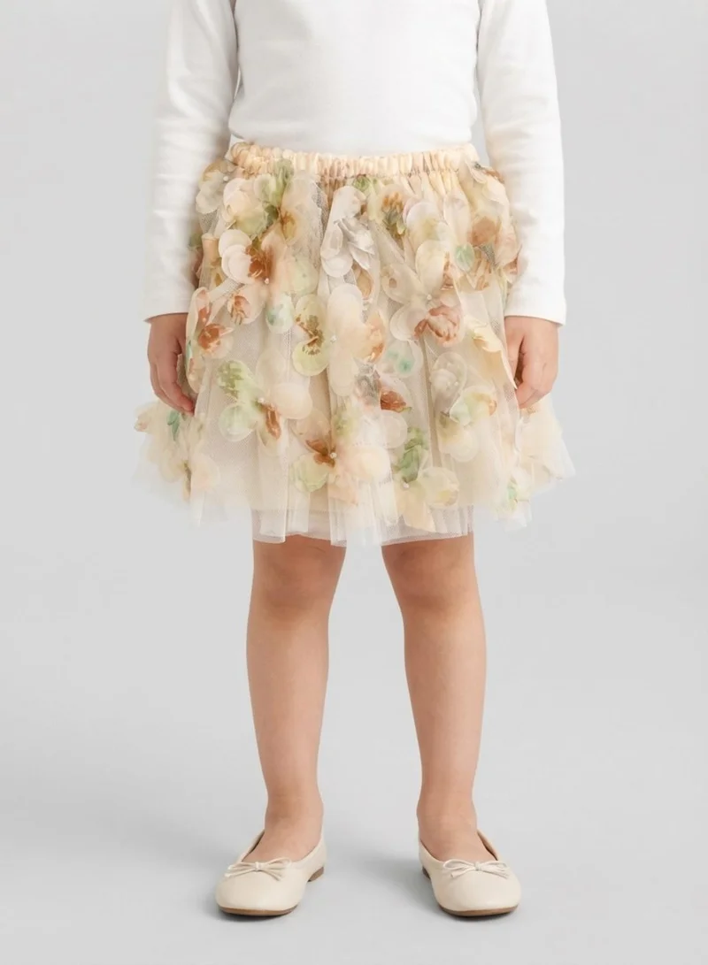 بيبي كلو Girls Beige Floral Layered Tulle Party Skirt