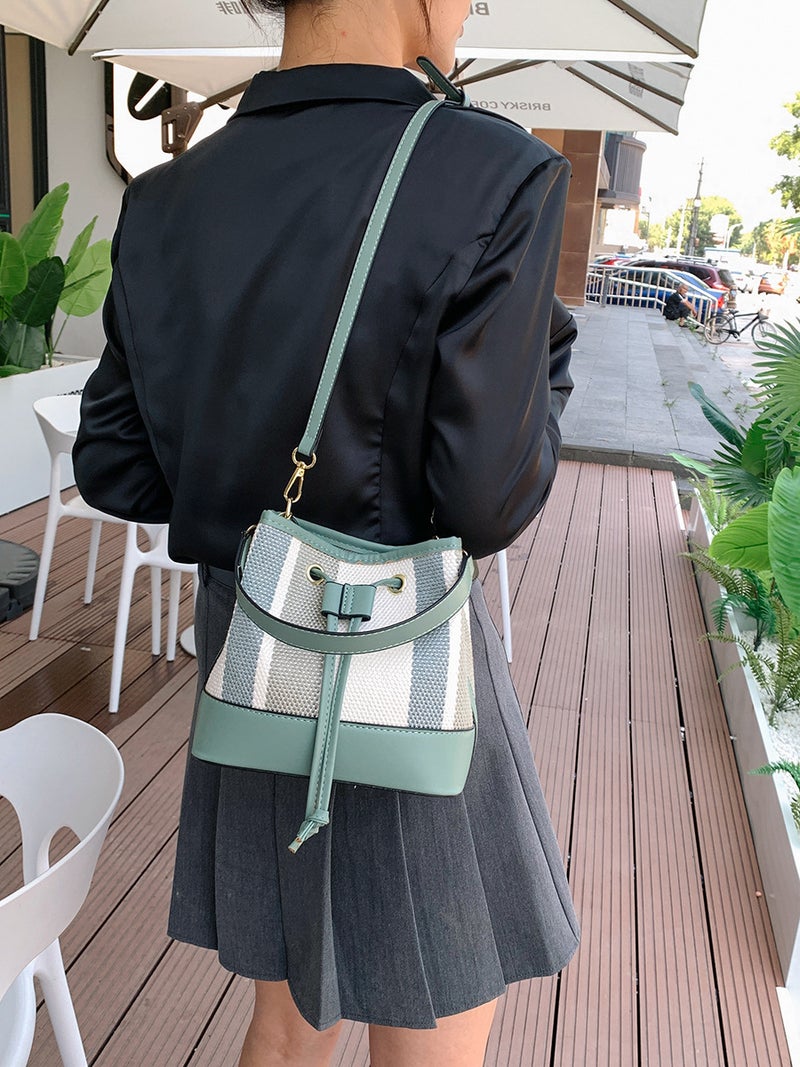Striped Color-Blocked Bucket Bag For Women 2023 Japanese And Korean Fashion Niche Single Shoulder Crossbody Bucket Bag - Image 5