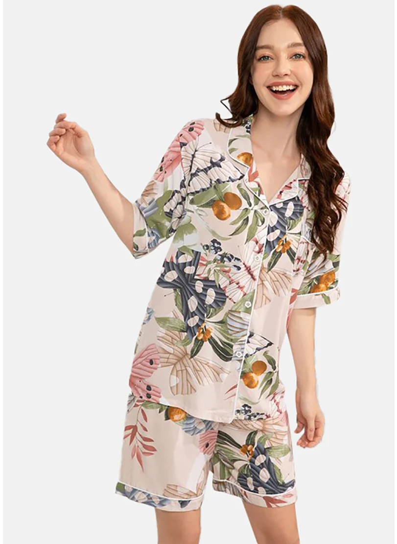 YUNIQEE Floral Printed Shirt With Shorts Night Suits