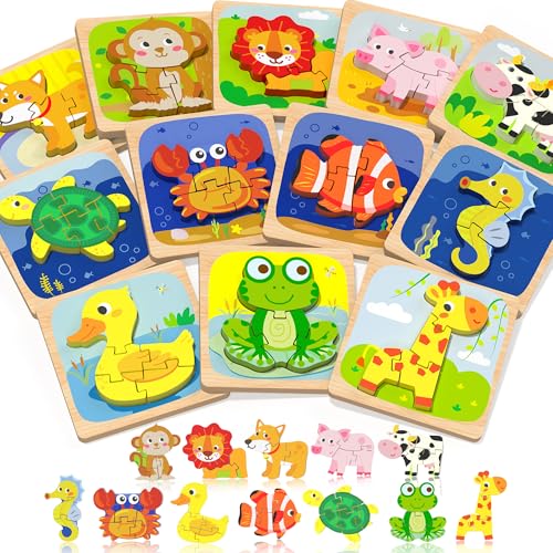 Benresive Wooden Toddler Puzzles 12pcs Animal Montessori Toys for 13 Year Old Boys  Girls Learning Educational Preschool Toys Great Easter Basket Stuffers Gifts for 1 2 3 Year Olds - Image 1