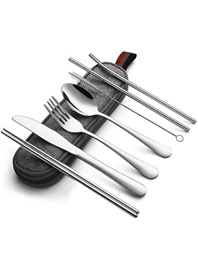 Stainless Steel Travel Utensils Set with Case, Straws, Portable Cutlery for Camping, Dishwasher Safe, 8-Piece - Image 1