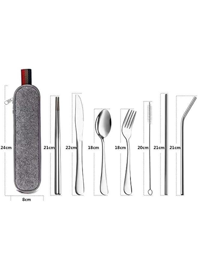 Stainless Steel Travel Utensils Set with Case, Straws, Portable Cutlery for Camping, Dishwasher Safe, 8-Piece - Image 2