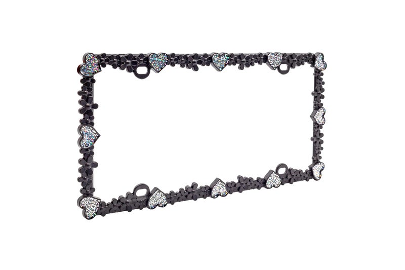 Creathome 3D Shining Daisy Heart License Plate Frame from Pure Zinc Alloy Metal Perfect Plate Holder, Matt Black with Silver Glitter Luminously Heart - Image 2