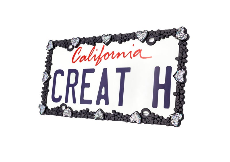 Creathome 3D Shining Daisy Heart License Plate Frame from Pure Zinc Alloy Metal Perfect Plate Holder, Matt Black with Silver Glitter Luminously Heart - Image 1