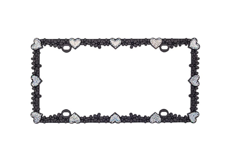 Creathome 3D Shining Daisy Heart License Plate Frame from Pure Zinc Alloy Metal Perfect Plate Holder, Matt Black with Silver Glitter Luminously Heart - Image 3