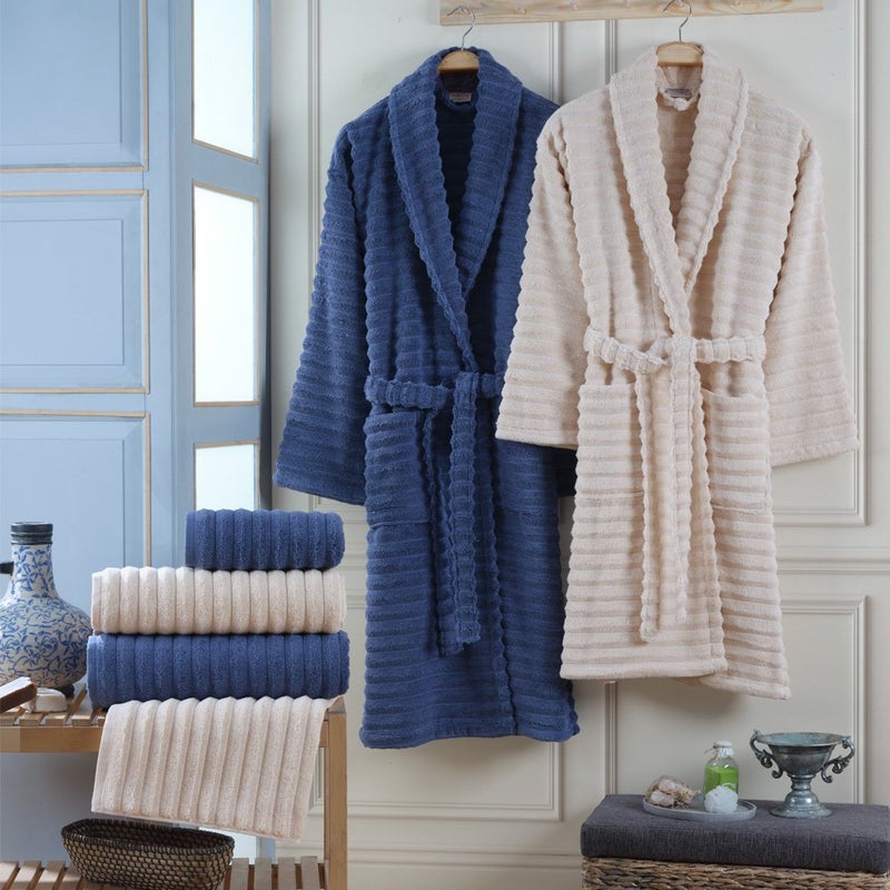 Vedra - Cotton Bathrobe Set in Kum Indigo Mavi (Sandy Indigo Blue)
