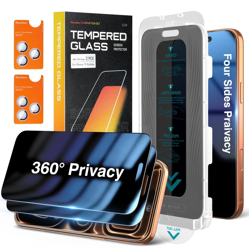 Elecshion 4 Way 360Â° Anti Spy for iPhone 17 Pro Max Privacy Screen Protector + Camera Lens Protector (2+2), Auto-Align Kit, 10X Military Shatterproof Anti Peep Tempered Glass Film for 17 Pro Max - Image 1