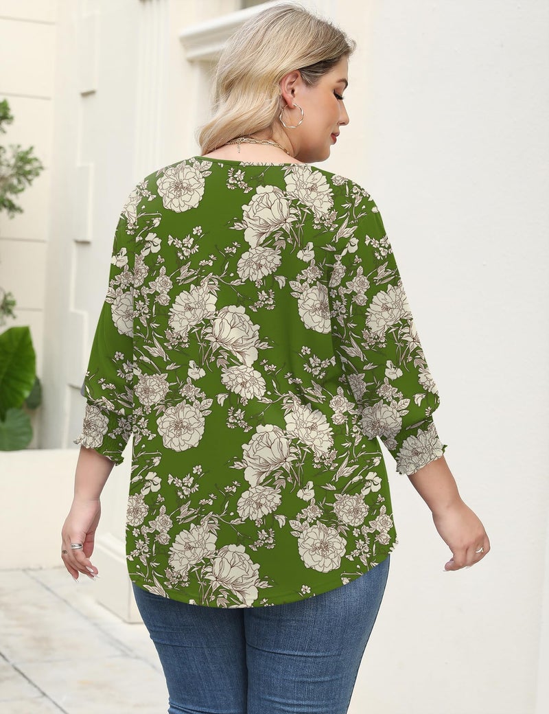 Rapbin Plus Size Tops for Women Womens Dressy Half Sleeve V Neck Blouses Pleated Tunics Ladies to Hide Tummy Spring Outfits(Army Green Floral 2XL) - Image 4