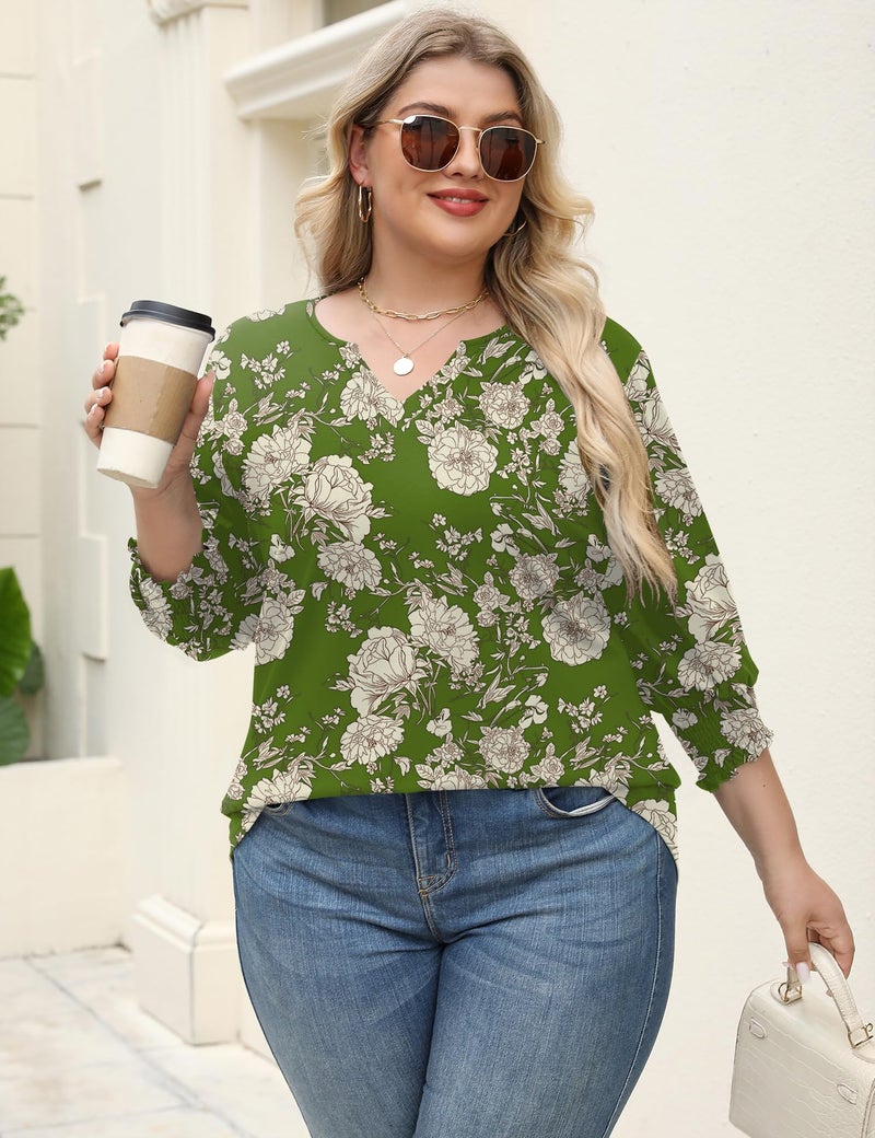 Rapbin Plus Size Tops for Women Womens Dressy Half Sleeve V Neck Blouses Pleated Tunics Ladies to Hide Tummy Spring Outfits(Army Green Floral 2XL) - Image 3