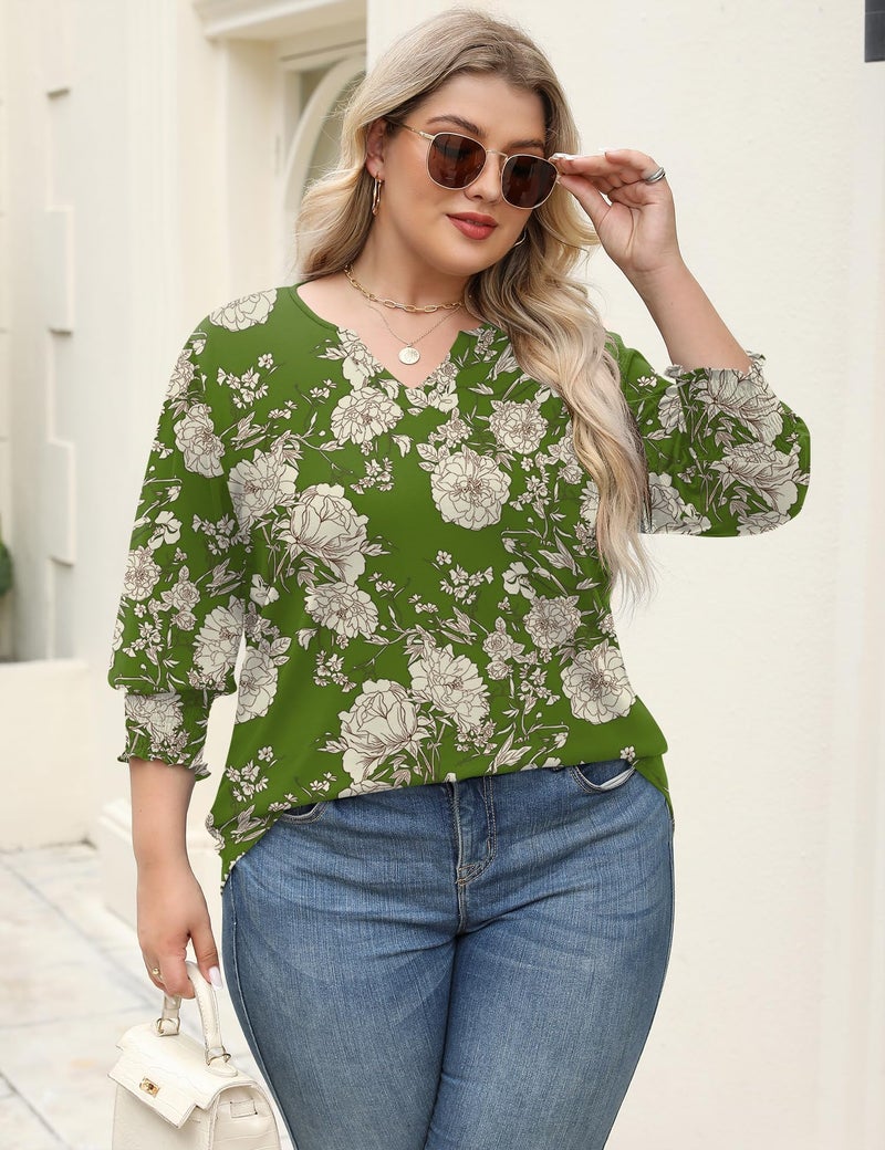 Rapbin Plus Size Tops for Women Womens Dressy Half Sleeve V Neck Blouses Pleated Tunics Ladies to Hide Tummy Spring Outfits(Army Green Floral 2XL) - Image 5