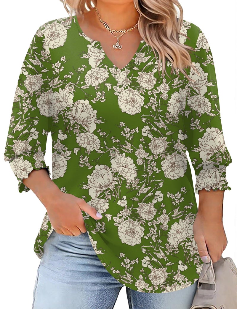 Rapbin Plus Size Tops for Women Womens Dressy Half Sleeve V Neck Blouses Pleated Tunics Ladies to Hide Tummy Spring Outfits(Army Green Floral 2XL) - Image 1