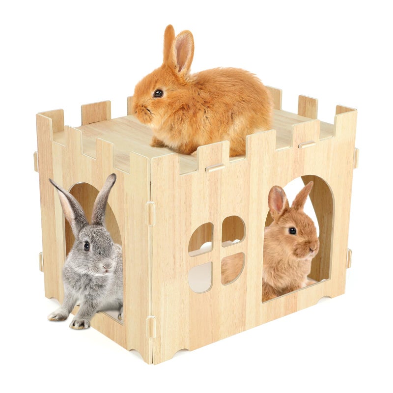 BWOGUE Large Wooden Rabbit House and Hideouts Bunny Castle Detachable Small Animal Play Hideaway Rabbit Hideout Cage Accessories for Indoor Adult Rabbit Guinea Pig Chinchilla Habitat - Image 1