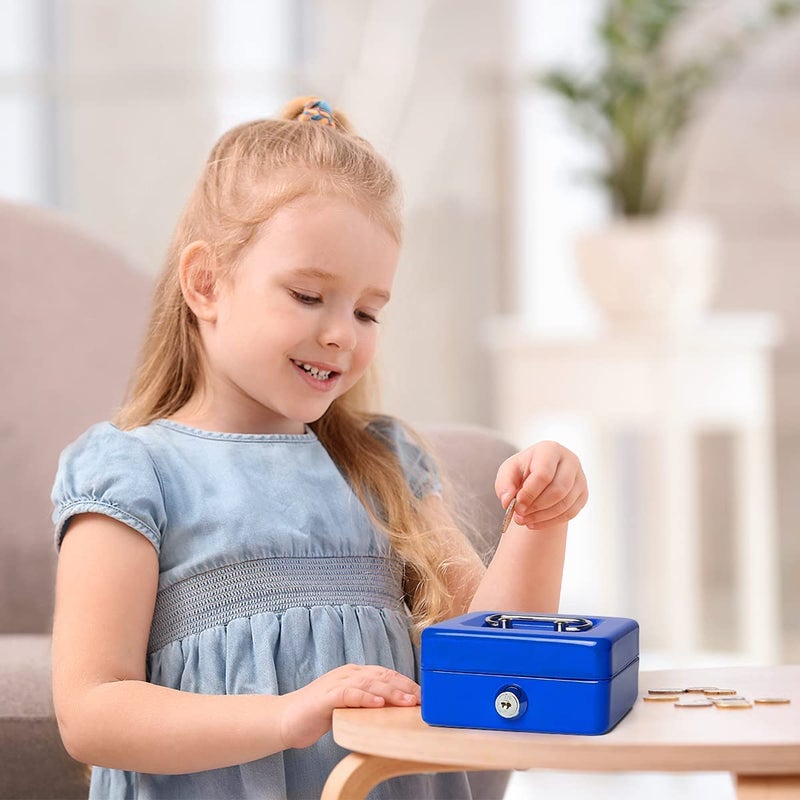 Marrone Small Cash Box with Key Lock Money Slot Double Layer Small Lock Box Portable Metal Coin Money Storage Security Box with Key Lock Blue - Image 3