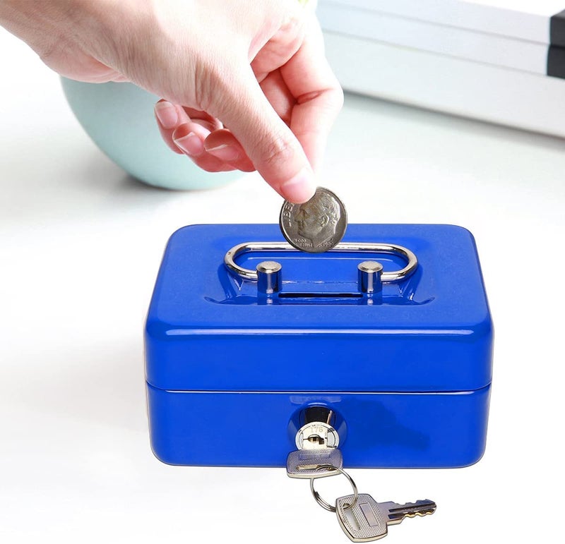 Marrone Small Cash Box with Key Lock Money Slot Double Layer Small Lock Box Portable Metal Coin Money Storage Security Box with Key Lock Blue - Image 1