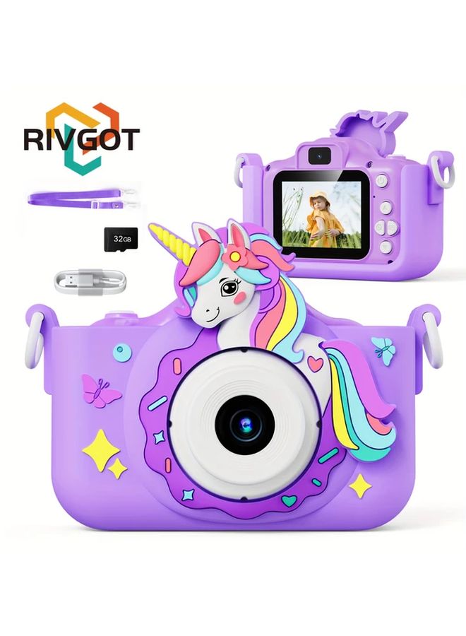 Purple 1080P HD Digital Camera For Kids With 33 Effects MP3 Games USB Rechargeable 32GB SD Card - Image 1