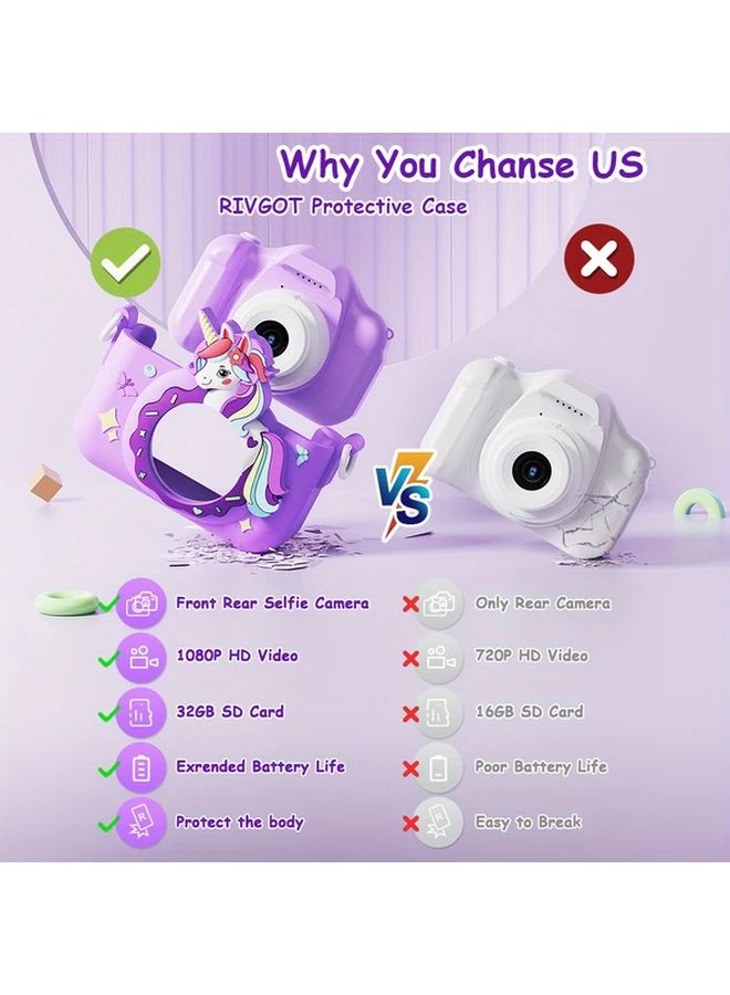 Purple 1080P HD Digital Camera For Kids With 33 Effects MP3 Games USB Rechargeable 32GB SD Card - Image 3