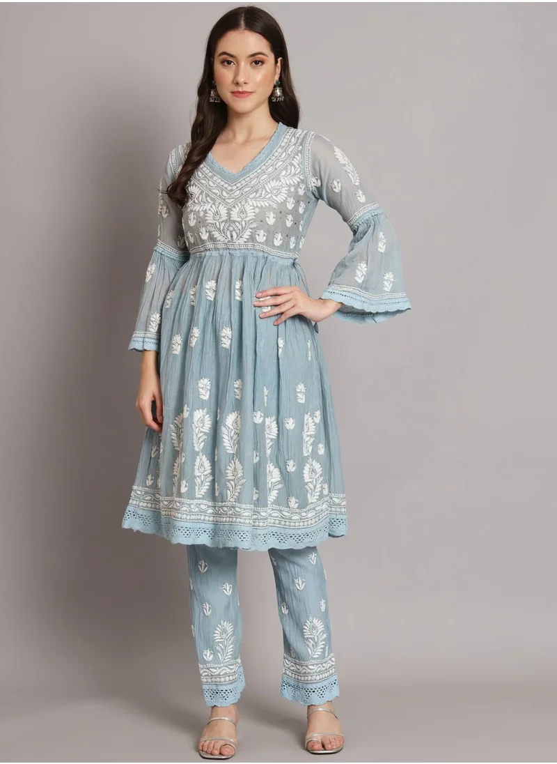 Alaya Hand Embroidered Chikankari Chanderi Cotton Frock Style Kurta Pant-AL3661KS