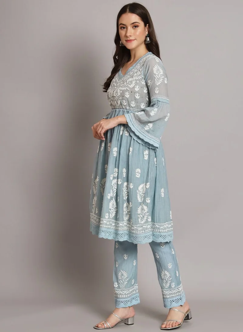 Alaya Hand Embroidered Chikankari Chanderi Cotton Frock Style Kurta Pant-AL3661KS