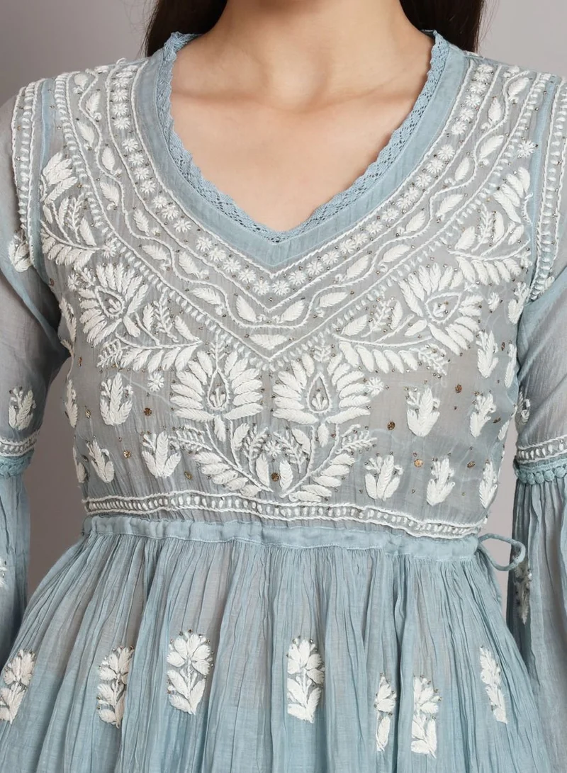 Alaya Hand Embroidered Chikankari Chanderi Cotton Frock Style Kurta Pant-AL3661KS