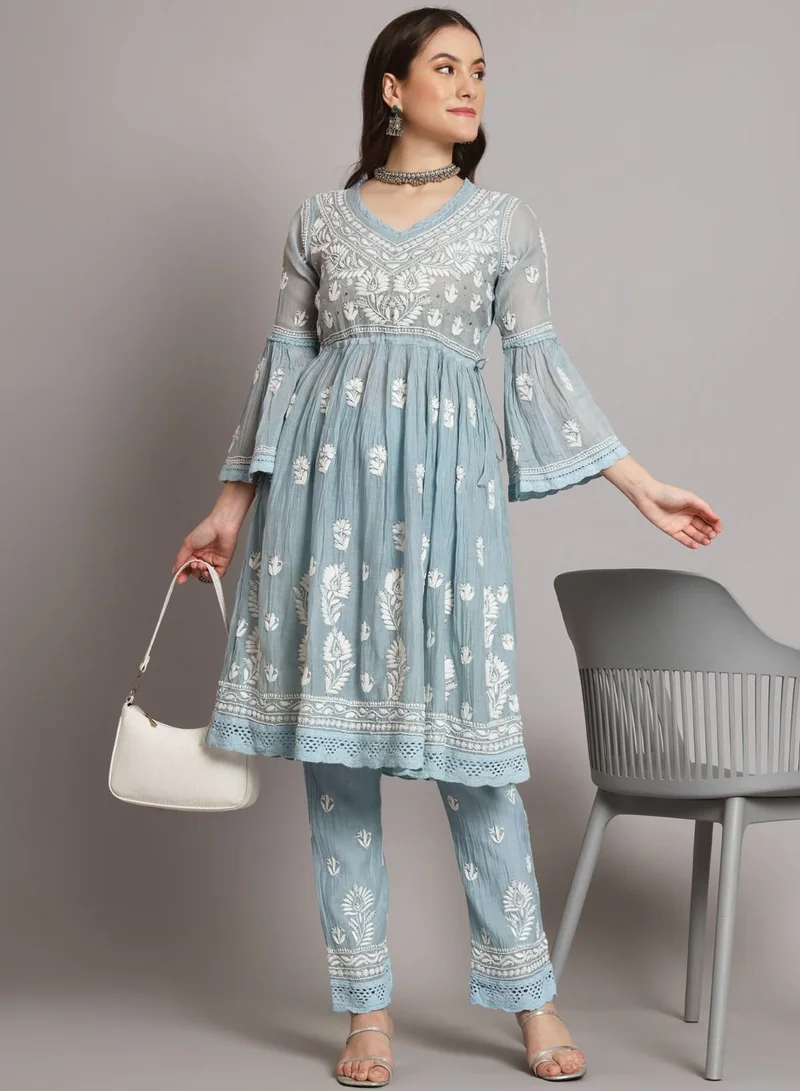 Alaya Hand Embroidered Chikankari Chanderi Cotton Frock Style Kurta Pant-AL3661KS