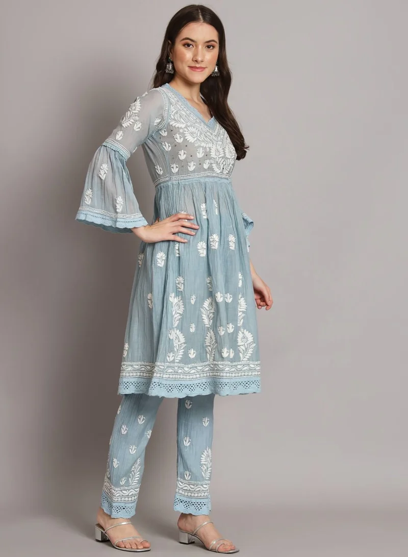 Alaya Hand Embroidered Chikankari Chanderi Cotton Frock Style Kurta Pant-AL3661KS