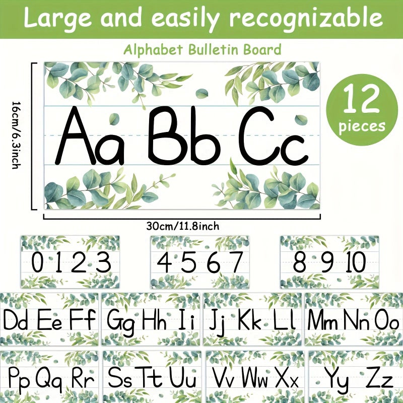 12 Pcs Alphabet Bulletin Board Strips Set Greenery Alphabet Line ABC Number Border Posters For Classroom Playroom Eucalyptus - Image 2