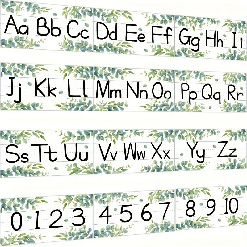 12 Pcs Alphabet Bulletin Board Strips Set Greenery Alphabet Line ABC Number Border Posters For Classroom Playroom Eucalyptus - Image 1