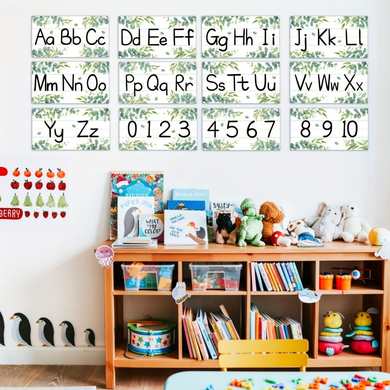 12 Pcs Alphabet Bulletin Board Strips Set Greenery Alphabet Line ABC Number Border Posters For Classroom Playroom Eucalyptus - Image 3