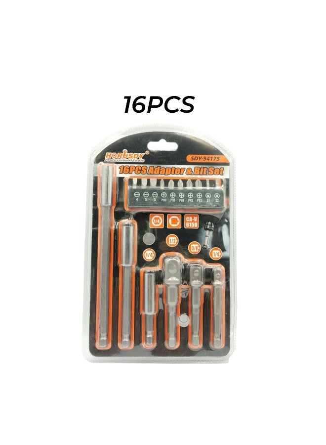 HORUSDY 16PCS Adapter & Bit Set SDY-94175 - High-Quality CR-V 6150, 1/4", 3/8", 1/2" Hex Socket Nut Drives, 1/4" Extension, Multiple Bit Sizes (PH0, PH1, PH2, PH3), Durable Construction, Compatible with Hand & Electric Tools, Organized Storage Case - Image 2