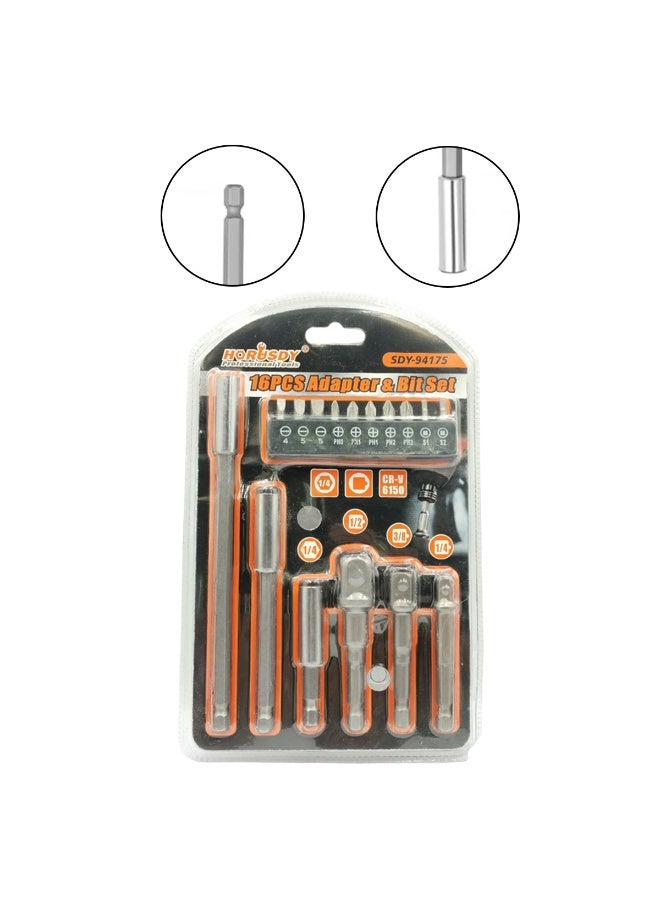 HORUSDY 16PCS Adapter & Bit Set SDY-94175 - High-Quality CR-V 6150, 1/4", 3/8", 1/2" Hex Socket Nut Drives, 1/4" Extension, Multiple Bit Sizes (PH0, PH1, PH2, PH3), Durable Construction, Compatible with Hand & Electric Tools, Organized Storage Case - Image 3