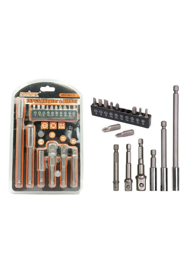 HORUSDY 16PCS Adapter & Bit Set SDY-94175 - High-Quality CR-V 6150, 1/4", 3/8", 1/2" Hex Socket Nut Drives, 1/4" Extension, Multiple Bit Sizes (PH0, PH1, PH2, PH3), Durable Construction, Compatible with Hand & Electric Tools, Organized Storage Case - Image 5