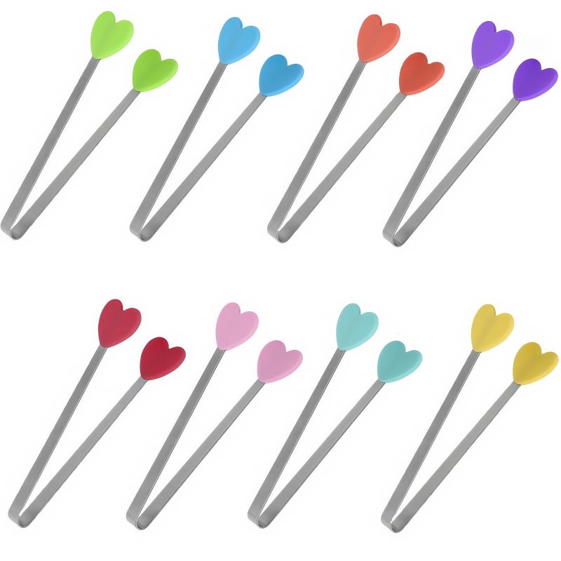 JXHAPY 8PCS Mini Food Tongs, Small Stainless Steel Tongs with Silicone Tips, for Ice Cube, fruits, Sugar, Barbecue, 5.3 inchï¼Œ8 Colors (Heart shape) - Image 1