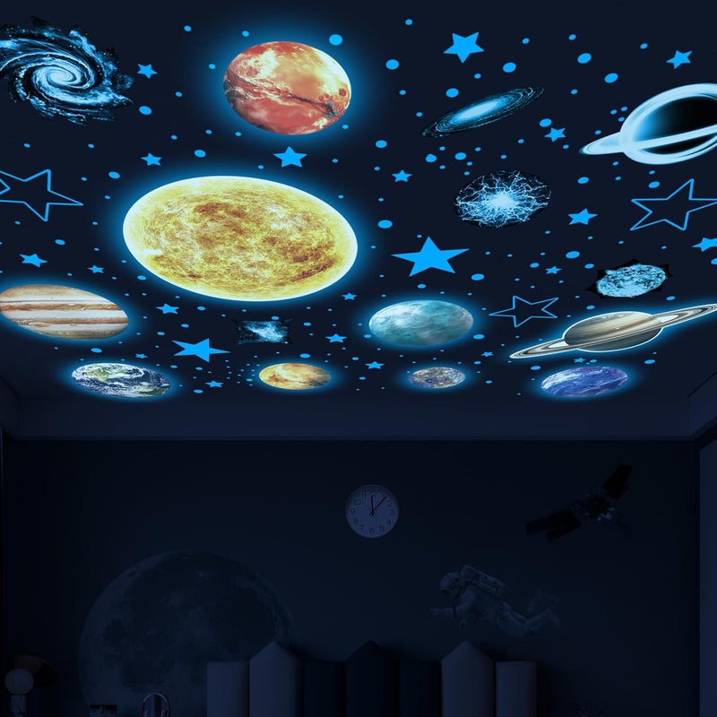 Robmoda Glow in The Dark Stars and Planets for Ceiling Glow Solar System Wall Stickers Space Wall Decals for Kids Boys Room Blue - Image 1