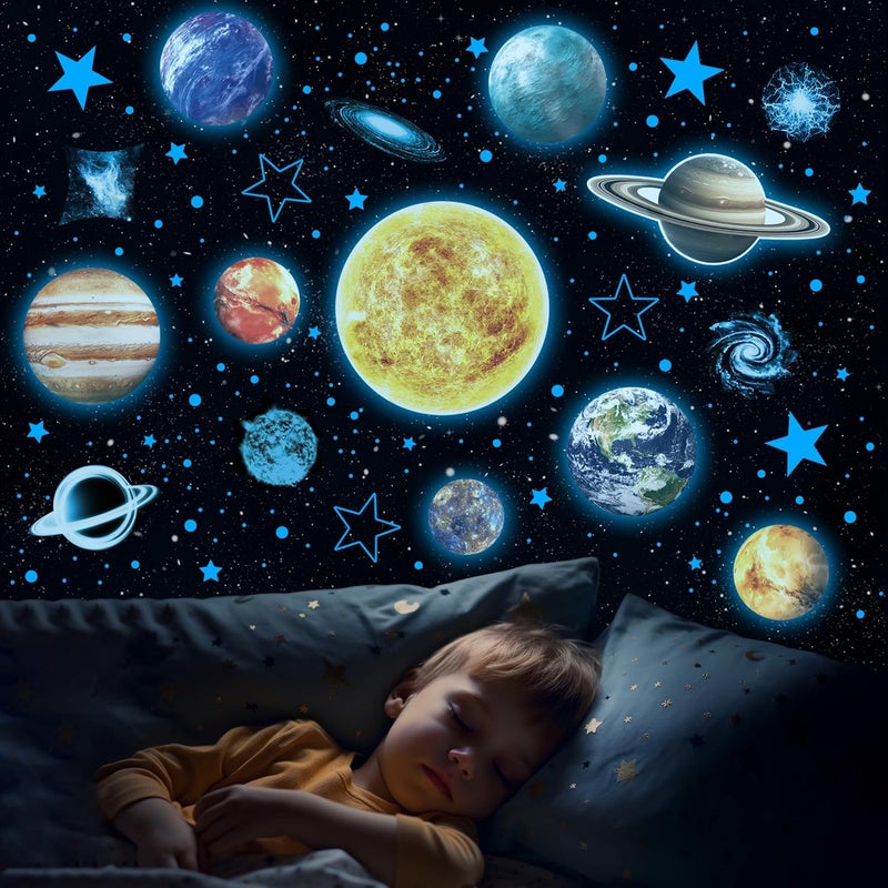 Robmoda Glow in The Dark Stars and Planets for Ceiling Glow Solar System Wall Stickers Space Wall Decals for Kids Boys Room Blue - Image 2