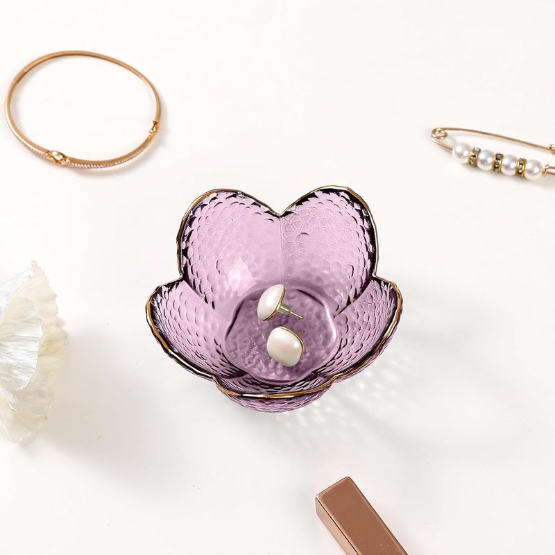 Binoster Gifts for Women Purple Flower Jewelry Dish Glass Ring Holder Decorative Jewelry Tray Cute Vanity Room Decor Aesthetic Nightstand Bathroom Decor Trinket Dish Friendship Birthday Christmas Gifts (2pcs) - Image 4