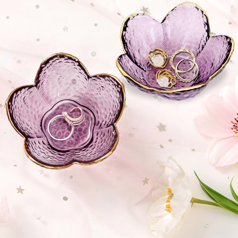 Binoster Gifts for Women Purple Flower Jewelry Dish Glass Ring Holder Decorative Jewelry Tray Cute Vanity Room Decor Aesthetic Nightstand Bathroom Decor Trinket Dish Friendship Birthday Christmas Gifts (2pcs) - Image 3