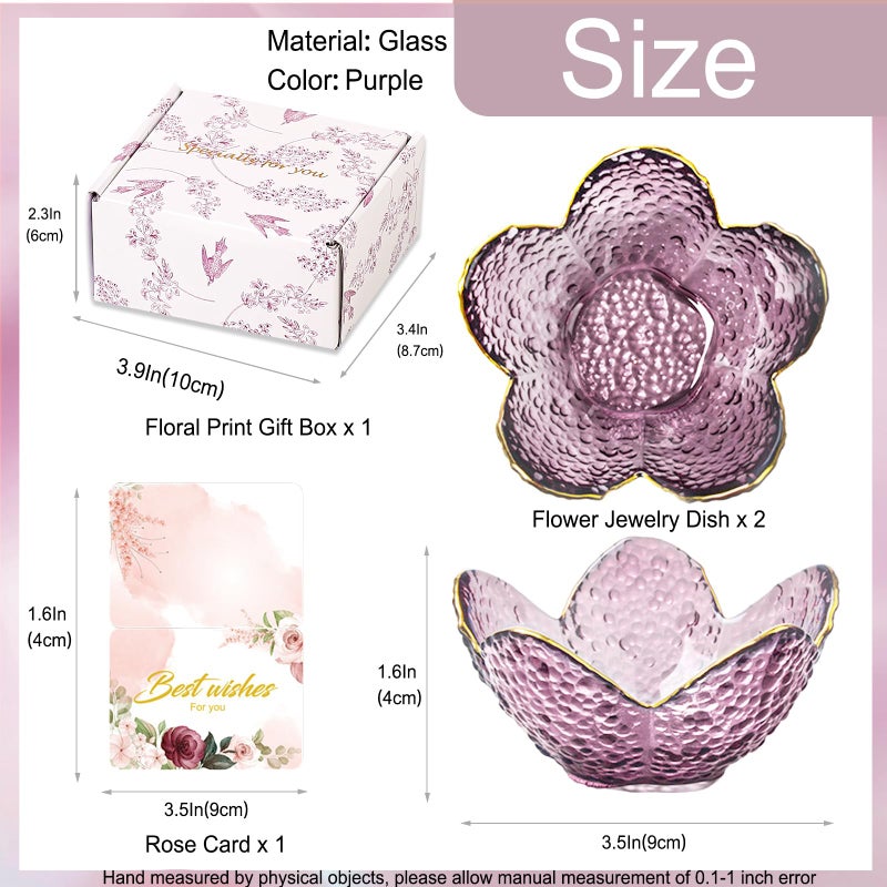 Binoster Gifts for Women Purple Flower Jewelry Dish Glass Ring Holder Decorative Jewelry Tray Cute Vanity Room Decor Aesthetic Nightstand Bathroom Decor Trinket Dish Friendship Birthday Christmas Gifts (2pcs) - Image 5