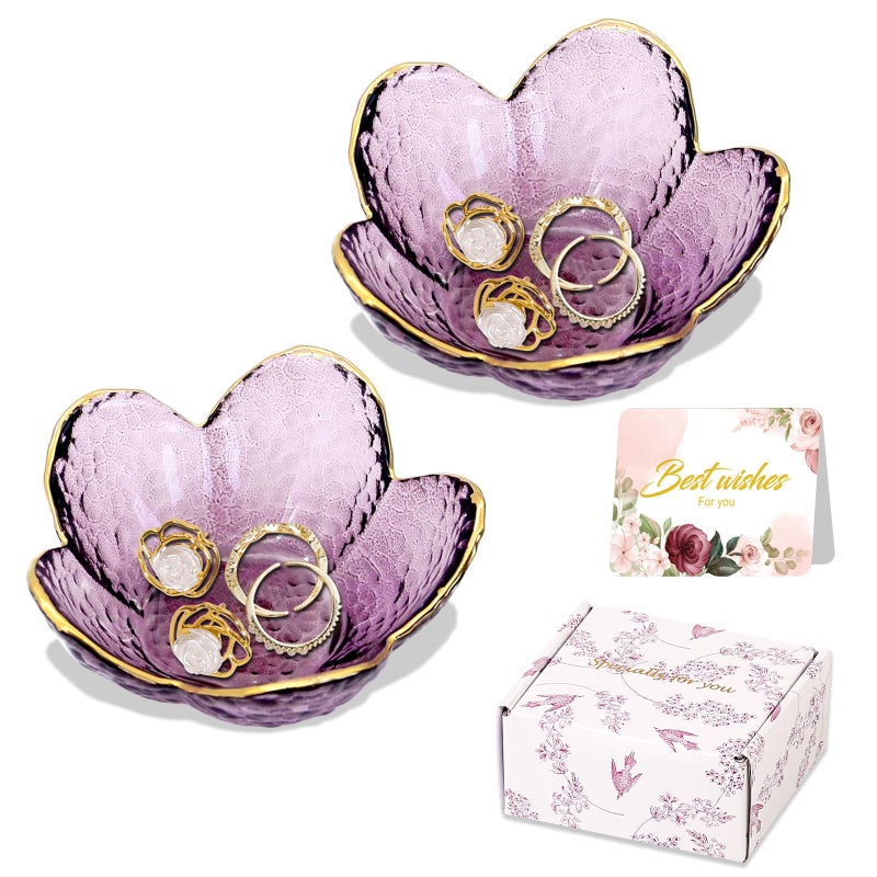 Binoster Gifts for Women Purple Flower Jewelry Dish Glass Ring Holder Decorative Jewelry Tray Cute Vanity Room Decor Aesthetic Nightstand Bathroom Decor Trinket Dish Friendship Birthday Christmas Gifts (2pcs) - Image 1