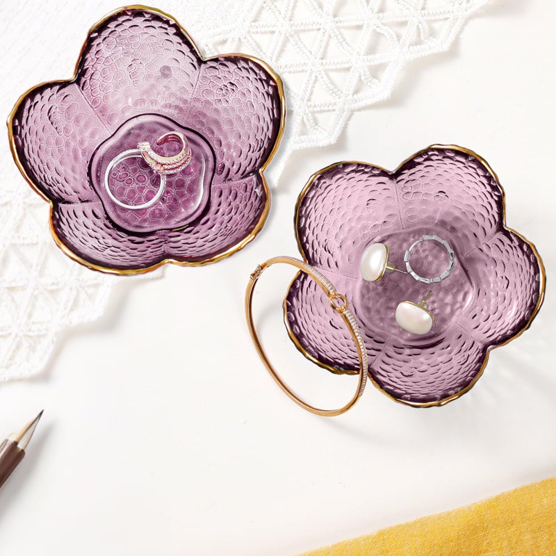 Binoster Gifts for Women Purple Flower Jewelry Dish Glass Ring Holder Decorative Jewelry Tray Cute Vanity Room Decor Aesthetic Nightstand Bathroom Decor Trinket Dish Friendship Birthday Christmas Gifts (2pcs) - Image 2