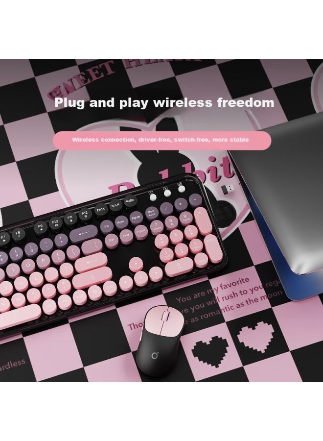Eweadn V96 Stylish Retro Wireless Keyboard And Mouse Set, Genuine Mechanical Feel, Wireless Office Keyboard And Mouse Set For Laptop, Film Keyboard, Cherry Blossom Pink Wireless Keyboard And Mouse Set - Image 2