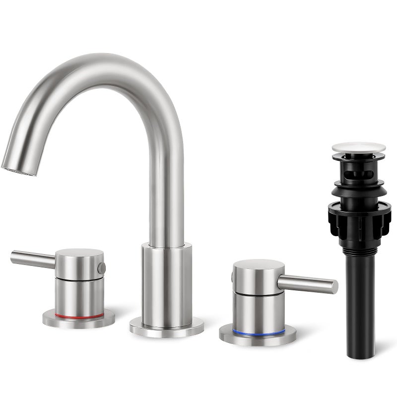 IUERASD Bathroom Faucet 3 Hole, Brushed Nickel Bathroom Sink Faucet with Pop Up Drain, 8 inch Widespread Bathroom Faucet with 360Â° Swivel Spout, 2 Handle Vanity Faucet with Water Supply Hoses - Image 1