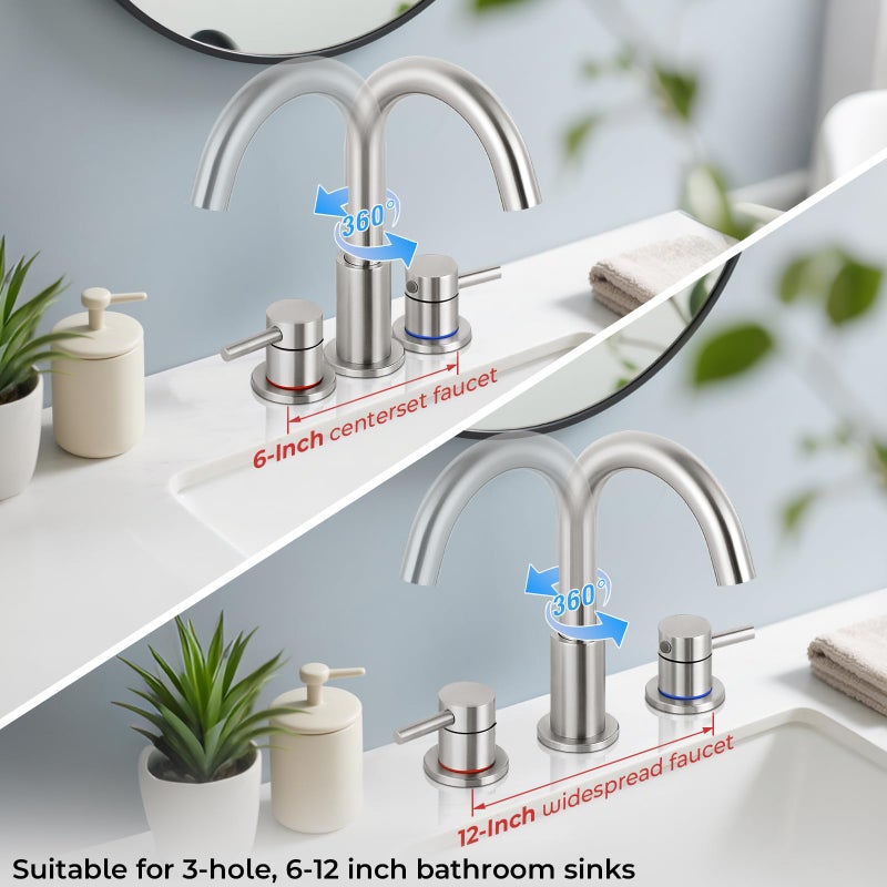IUERASD Bathroom Faucet 3 Hole, Brushed Nickel Bathroom Sink Faucet with Pop Up Drain, 8 inch Widespread Bathroom Faucet with 360Â° Swivel Spout, 2 Handle Vanity Faucet with Water Supply Hoses - Image 4