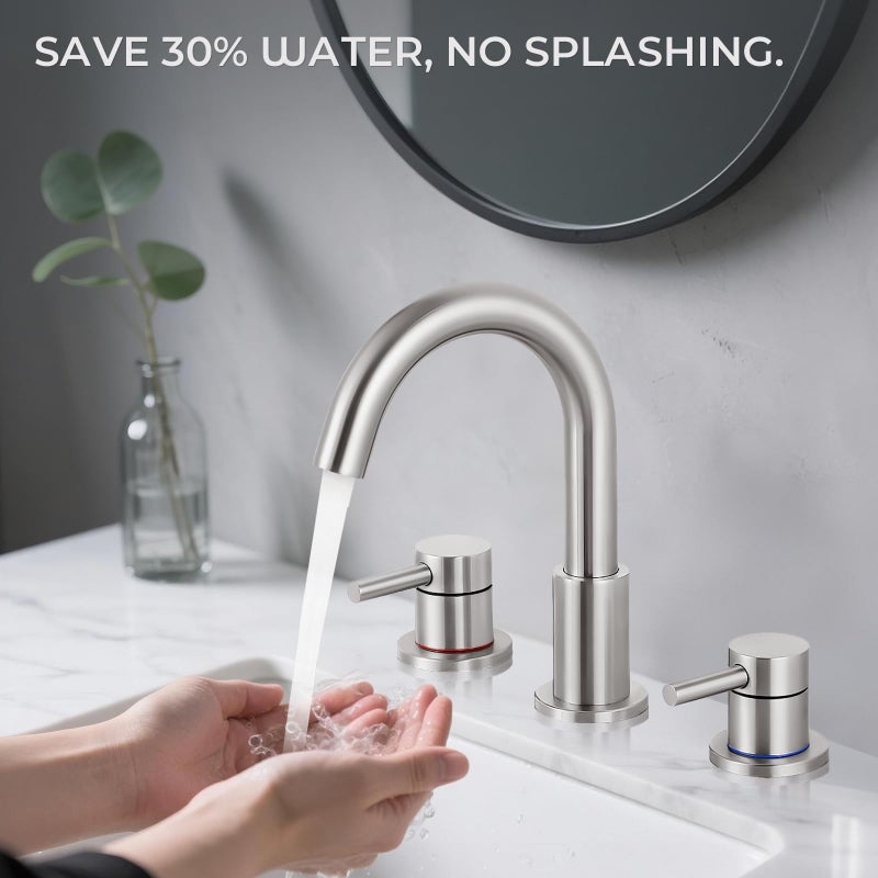 IUERASD Bathroom Faucet 3 Hole, Brushed Nickel Bathroom Sink Faucet with Pop Up Drain, 8 inch Widespread Bathroom Faucet with 360Â° Swivel Spout, 2 Handle Vanity Faucet with Water Supply Hoses - Image 5